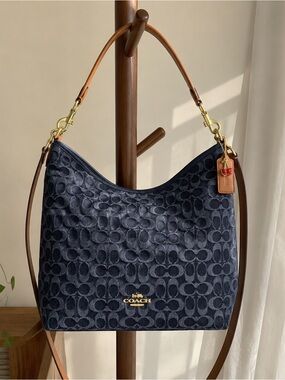 Coach Navy Signature Canvas Hobo Bag with Tan Leather Strap and Gold Hardware